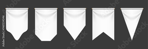 White pennant flags. 3D blank vertical textile banners. Medieval heraldic empty cotton fabric ensign templates. Realistic vector mockups for advertising.