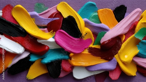 Close-up of colorful acrylic paint strokes on textured purple canvas background for art and creativity concept photo
