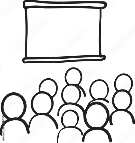 A group of people are seated in front of a projector screen.