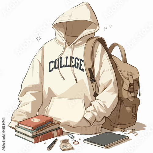 College hoodie with backpack books