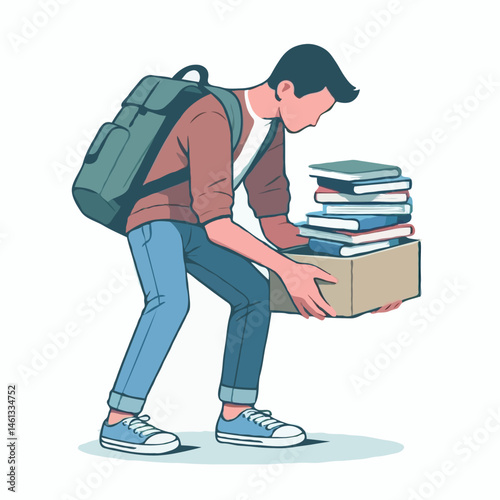 Student lifting box of books 