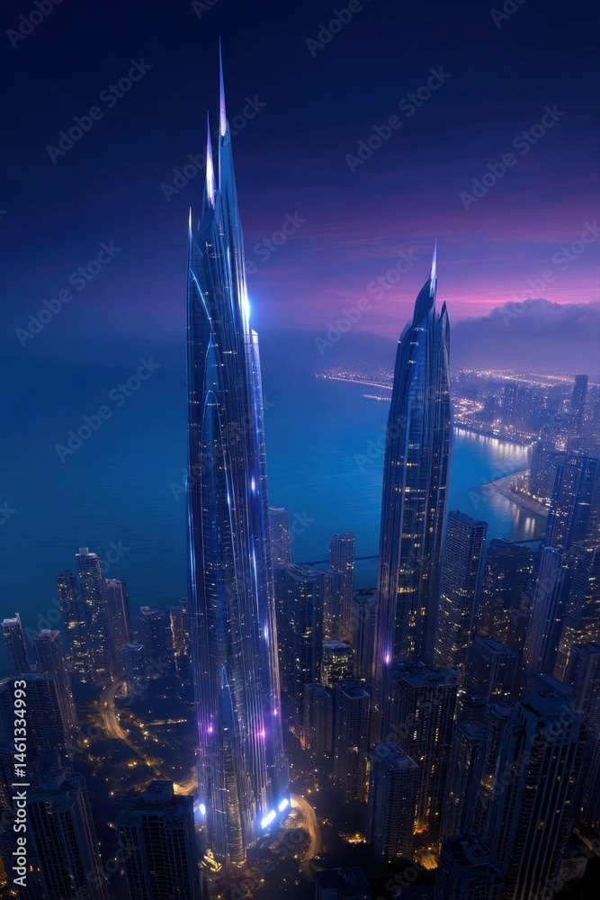 Naklejka premium Twilight cityscape with tall spire-shaped skyscrapers and illuminated central building near water