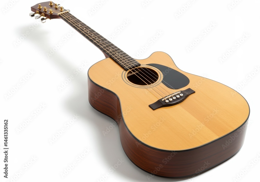 Fototapeta premium Acoustic guitar with a light wood finish lying on a white surface casting a shadow