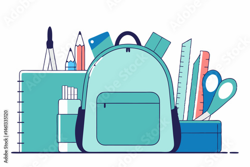 Plecak szkolny i przybory edukacyjne — kolorowa ilustracja wektorowa z zeszytem, linijką, nożyczkami i ołówkami w stylu flat design