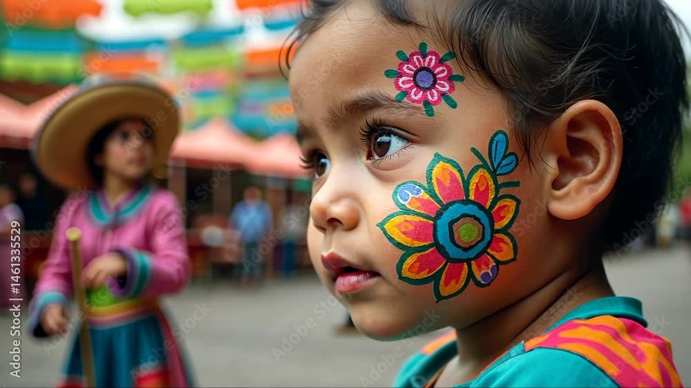 A close-up of a child's face painted with traditional Mexican designs, their eyes wide with wonder as they watch a street performers in national costumes. Cinco de Mayo. Independence Day. Fiesta A close-up of a child's face painted with traditional Mexican designs, their eyes wide with wonder as they watch a street performers in national costumes. Cinco de Mayo. Independence Day. Fiesta