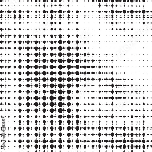 A dense arrangement of black and white dots creates a dynamic abstract