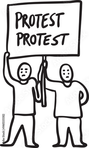 Two figures hold a protest sign displaying the word 'Protest'.