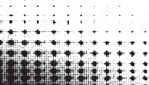 A gradient of scattered black and white dots creates a dynamic visual effect.