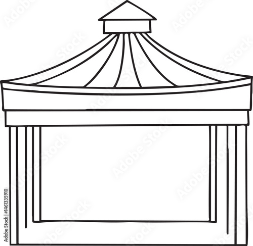 A simple black and white gazebo structure stands against a plain background.