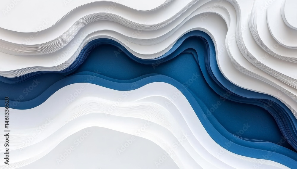 Fototapeta premium Abstract Background, Deep Navy, Crisp White Wave Pattern, Nature Inspired Layered Paper Art Design