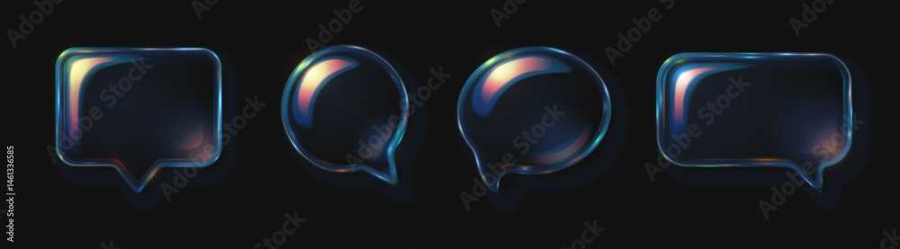 Collection of glass transparent speech bubble icons with refraction and holographic effect with dispersion light overlay isolated on dark background. Vector 3d illustration.