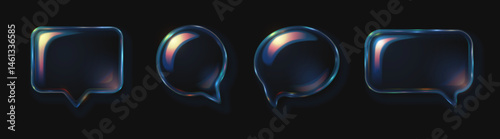 Collection of glass transparent speech bubble icons with refraction and holographic effect with dispersion light overlay isolated on dark background. Vector 3d illustration.