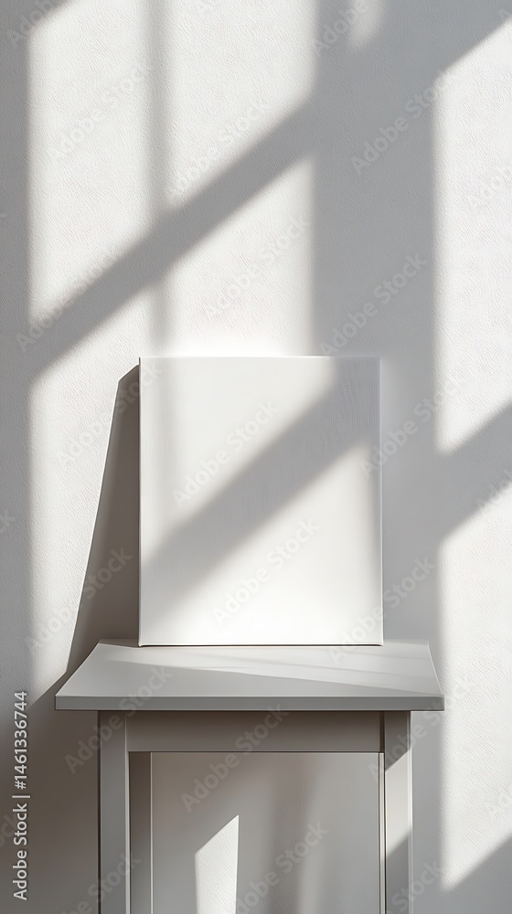 Fototapeta premium Light and shadow creates a minimalistic aesthetic with white canvas displayed on white table indoors