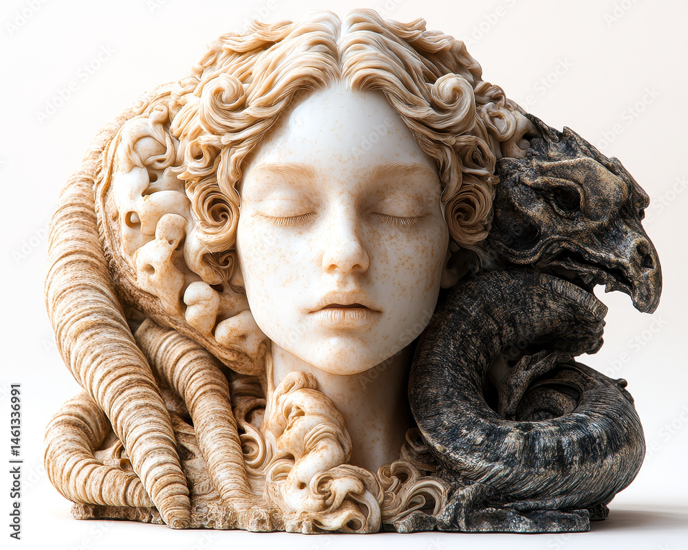 Sculpture of a Woman's Face with Intricate Serpentine and Dragon Elements on White Background