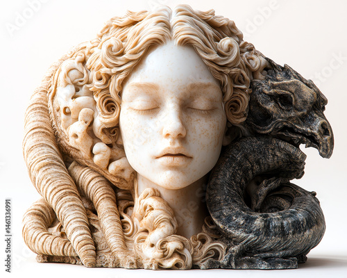 Obraz na płótnie Sculpture of a Woman's Face with Intricate Serpentine and Dragon Elements on White Background w salonie