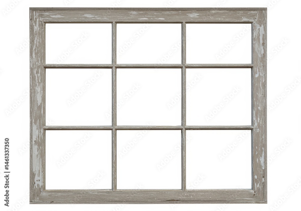A square window frame with nine panes and a weathered grey finish isolated on a white background