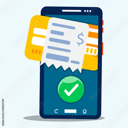 Smartphone with successfully transfer payment from debit card. Concept of easy cashless payment. Electronic money, contactless, online shopping and mobile banking.