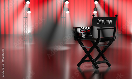 une chaise de cinéma avec un clap de cinéma posé dessus et le texte DIRECTOR brodé sur le dossier - rendu 3D photo