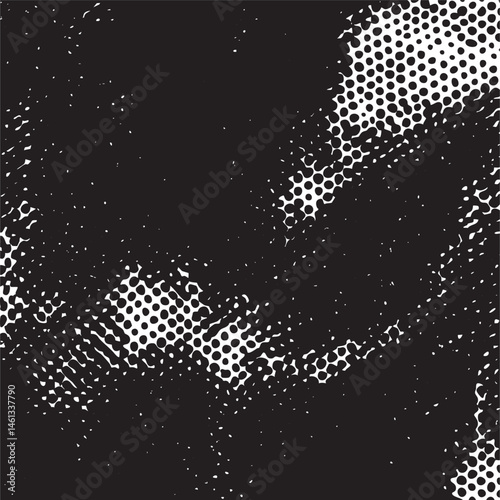 A grayscale portrait reveals a blurred human figure within a textured dotted