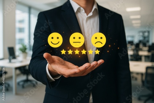 Businessman Holding Digital Feedback Emojis Happy Neutral Sad Customer Satisfaction Review Rating Stars Modern Office Background Professional Business Concept Excellent Service Quality Assessment     
