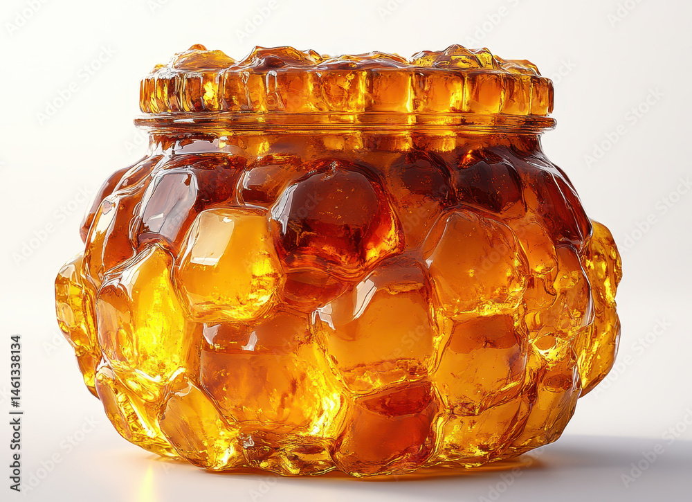 Hyper-Realistic Glass Jar Filled with Golden Amber Honey Isolated on White Background Highlighting Detailed Textures and Translucent Effect