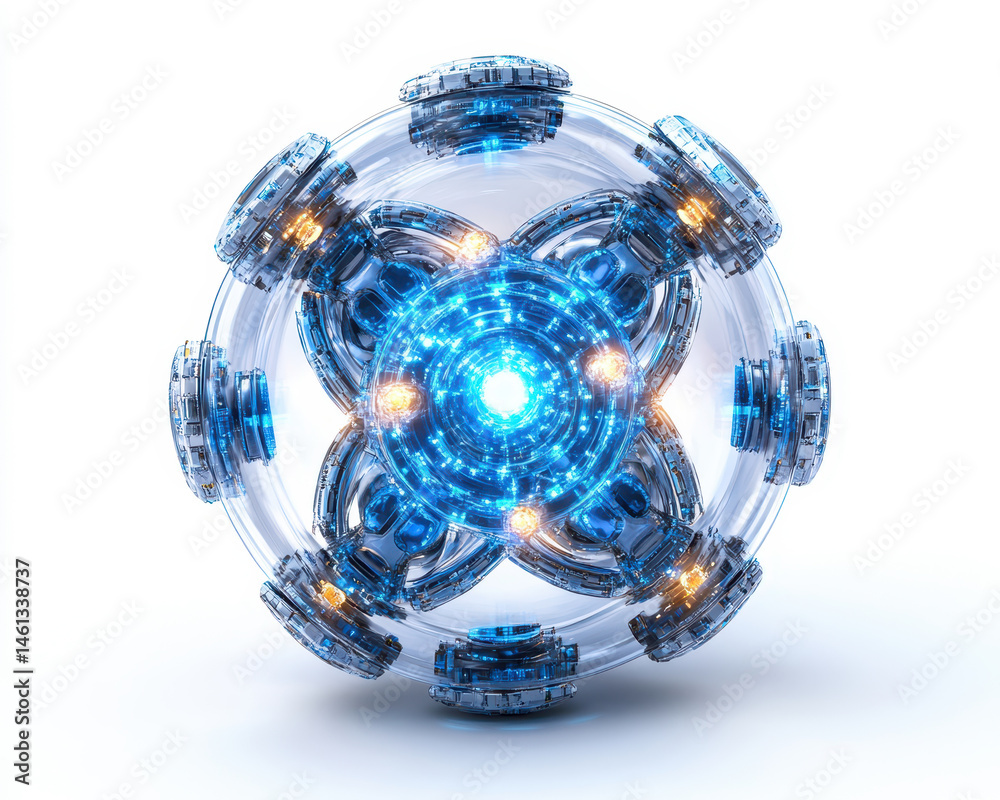 Futuristic High-Tech Antineutron Concept with Glowing Blue Core and Metallic Structure on Isolated White Background