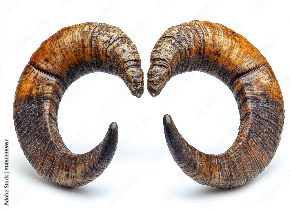 Isolated Goat Horn Pair on White Background Representing Animal Symbolism and Natural Design