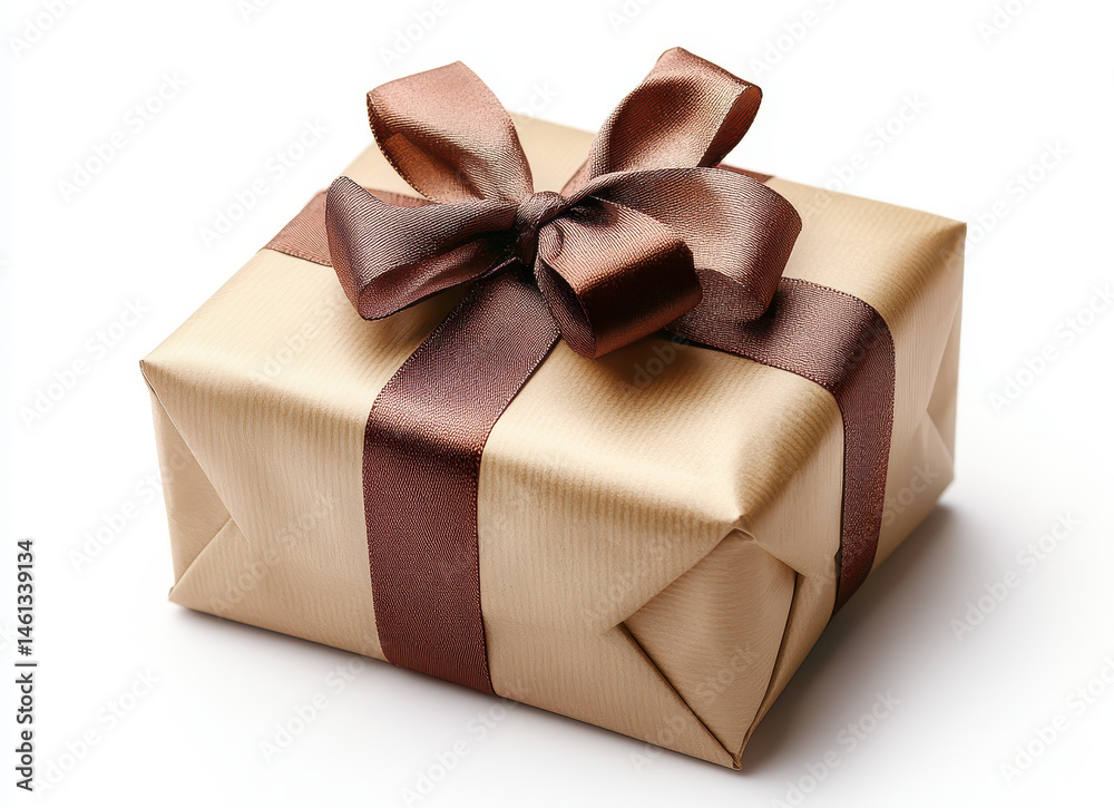 Elegant gift box wrapped in golden paper with a satin brown ribbon and bow, isolated on white background, perfect for celebrations and special occasions