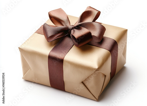 Obraz na płótnie Elegant gift box wrapped in golden paper with a satin brown ribbon and bow, isolated on white background, perfect for celebrations and special occasions w salonie