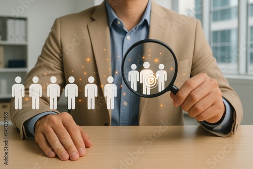 Businessman Selecting Ideal Candidate Target Audience Recruitment Hiring Process Magnifying Glass Human Resources Management Team Employee Search Professional Job Search Strategic Planning Successful 
