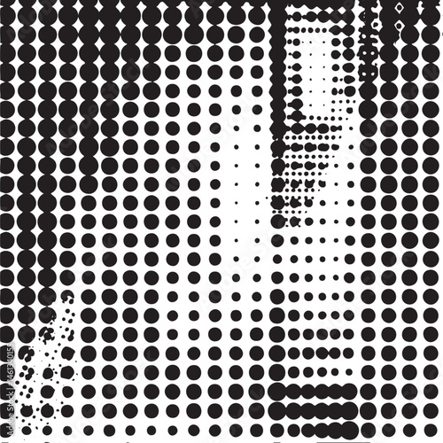 A dense grid of black and white circles forms a partially visible face.