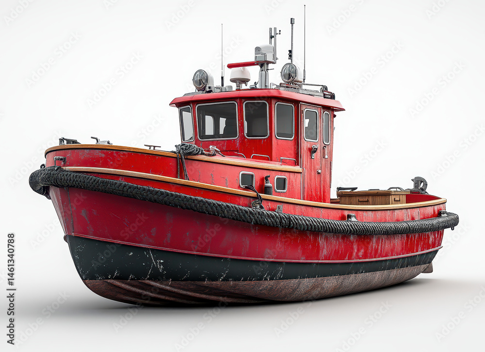 Red Tugboat Isolated on White Background with Detailed Textures and Weathered Look