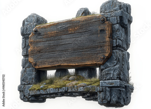 Obraz na płótnie Stone and Wood Signboard with Grass Detail Isolated on White Background w salonie