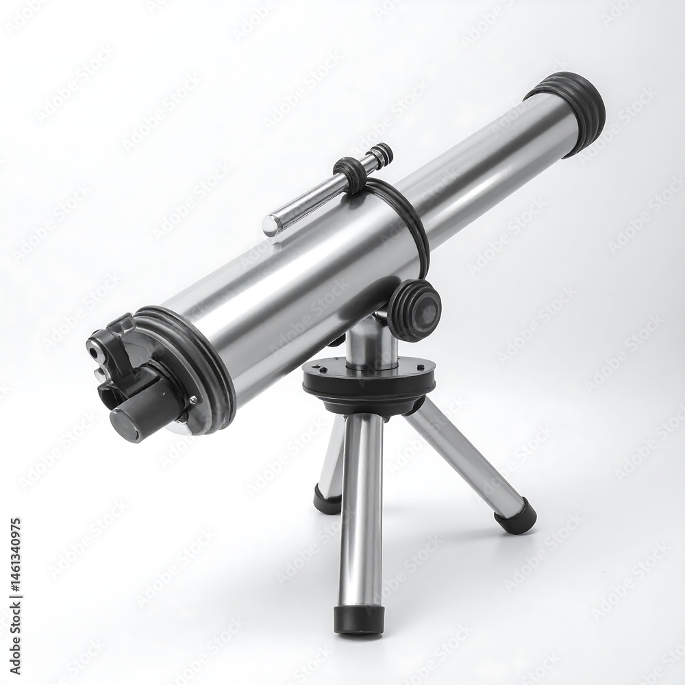 Fototapeta premium Sleek Silver Telescope on Tripod Against White Background