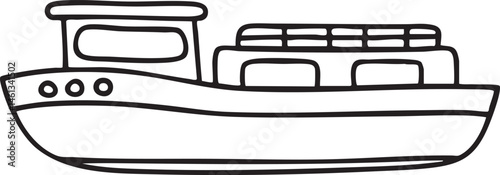 A simple black and white depicts a small boat on water.