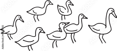 Six stylized birds stand in a row on a white background.