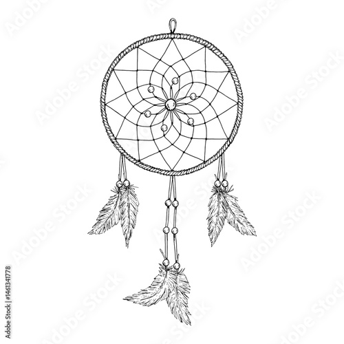 Hand drawn esoteric dreamcatcher with feathers and beads. Black and white vector illustration in engraving style. Suitable for posters, tattoo design, boho decor, and mystical art projects.