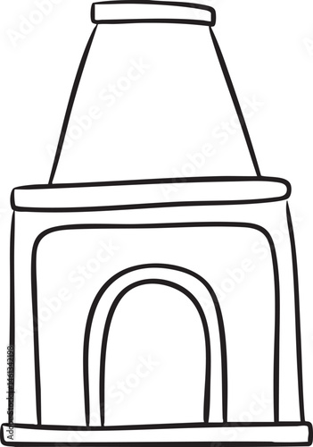 A simple black and white depicts a tall cylindrical building with a rounded top.