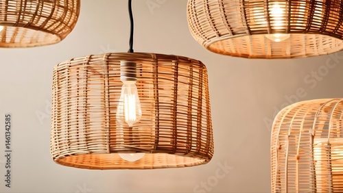 A collection of lighted wicker lamps with a warm, cozy feel. The lamps are arranged in a row, with one of them being the tallest. The light from the lamps creates a welcoming atmosphere