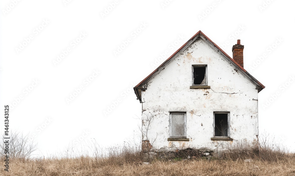 Weathered White Abandoned House in Dry Grass Field Weathered White Abandoned House in Dry Grass Field