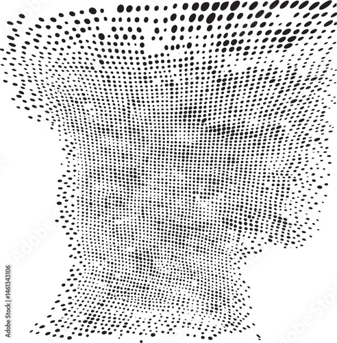 A densely patterned abstract of a human face formed by numerous black dots on a white background.
