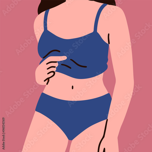 Woman in bikini card. Slim fit female body shape, figure in comfortable linge...