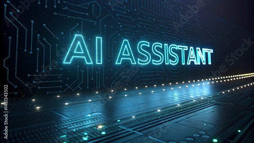 The text AI Assistant glowing on a neon digital data background with flowing binary streams, symbolizing a virtual AI co-pilot and intelligent automation enhancing productivity and collaboration in mo