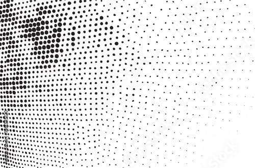 A dynamic halftone transitions from black to white creating a sense of movement and depth.