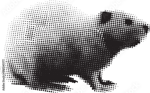 A stylized dark rodent silhouette appears against a white background with halftone dots.