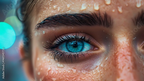 Close-up of a young woman's face with striking blue eyes and water droplets
