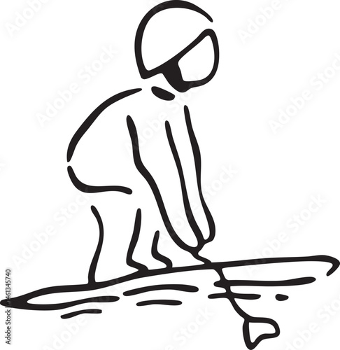 A solitary figure kneels to examine a small dark object on wet ground.