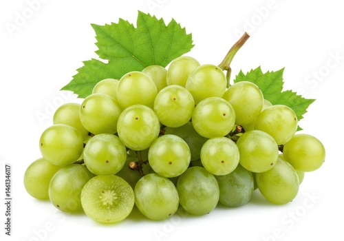 Cluster of green grapes with leaves isolated on white background