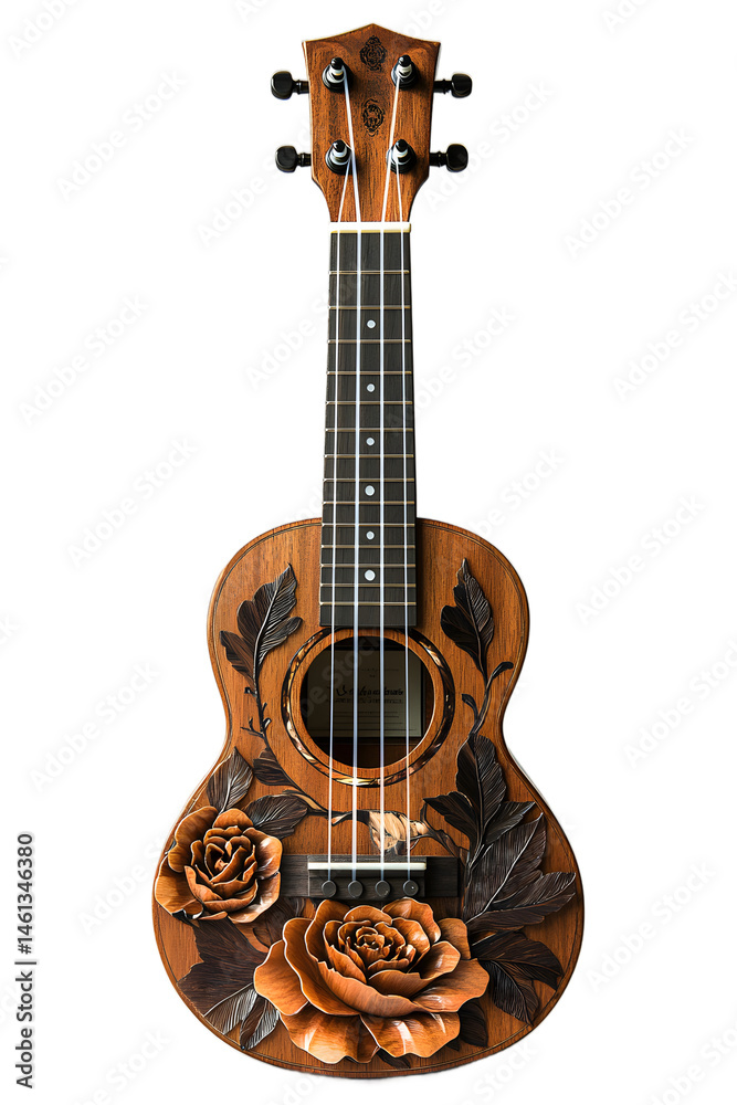 Obraz premium Brown ukulele with intricate inlaid design on cut out background, crystal clear photography for music stores and product listings