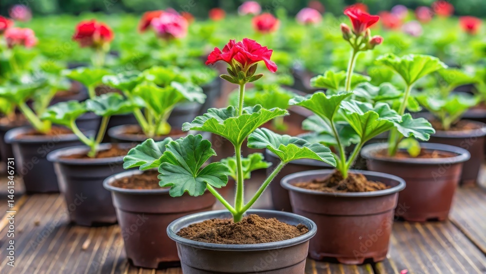 Pelargonium zonal seedlings in plastic flower pots, nursery stock Pelargonium zonal seedlings in plastic flower pots, nursery stock